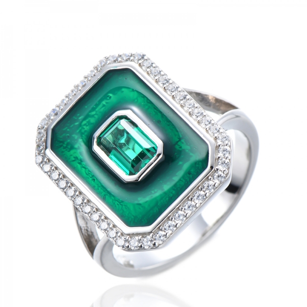 Erstellt Smaragd & White Cubic Diamond Green Emaille Damen-Verlobungsring 