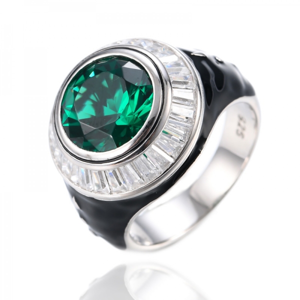 Ring aus rundem Geburtsstein mit Smaragd-Edelsteinen aus 925er Sterlingsilber mit schwarzer Emaille 