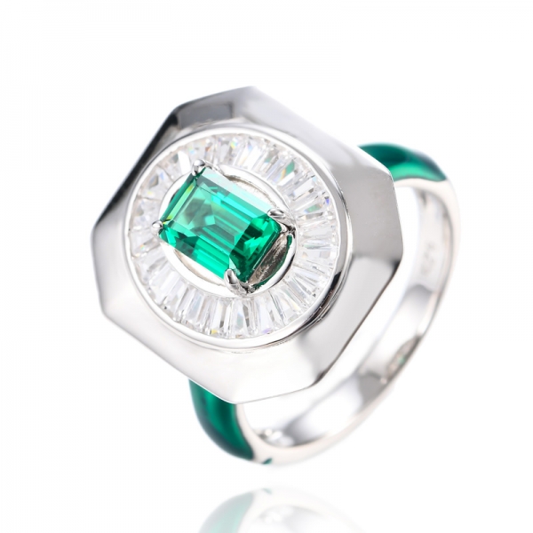 Sterling Silber 925 Art-Deco-Design Halo-Ring mit grüner Emaille 