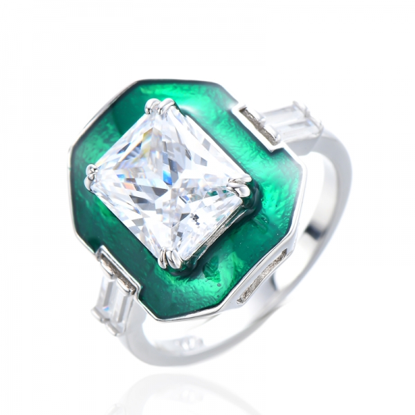 925er Sterlingsilber-Ring Grüne Emaille mit weißen Zirkonia 