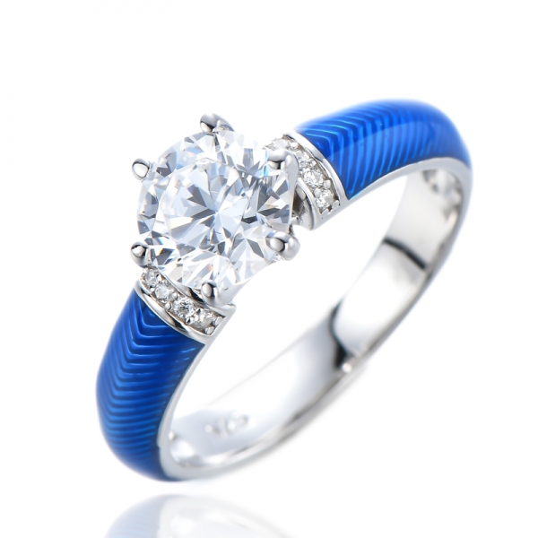 China Handgefertigter kubischer Ring aus Sterlingsilber mit blauer Emaille und blauem Saphir 