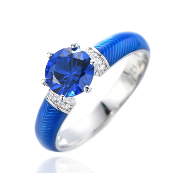China Handgefertigter kubischer Ring aus Sterlingsilber mit blauer Emaille und blauem Saphir 