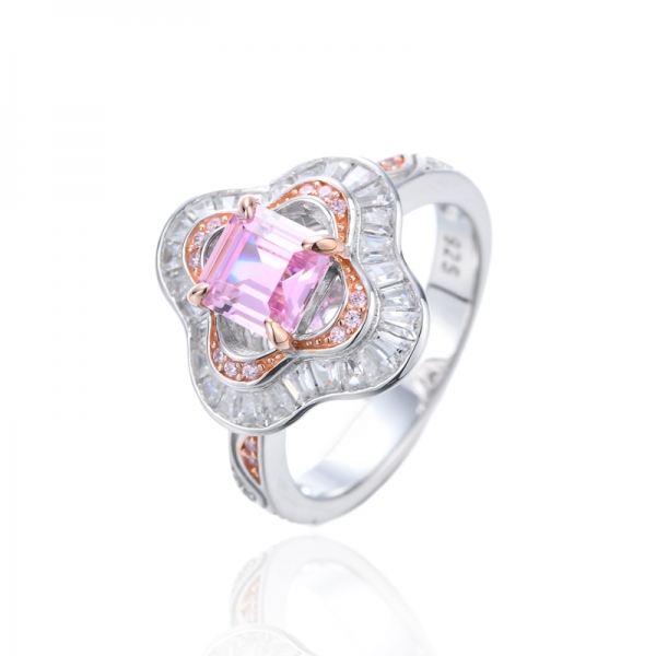 Asscher-Ring aus rosafarbenem und weißem Zirkonia-Silber mit Rhodium- und Roségoldbeschichtung 