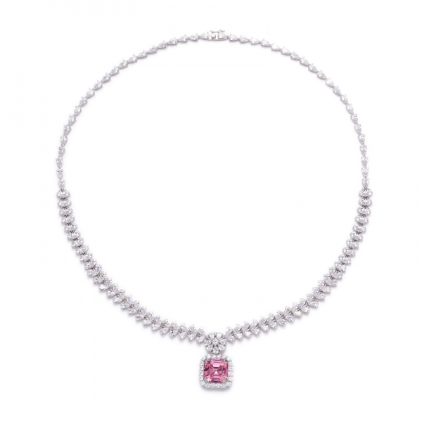 Asscher-Halskette aus rhodiniertem Silber mit rosa und weißen kubischen Zirkonia 