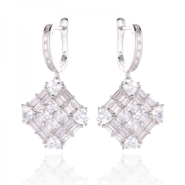 Octagon Pink And White Cubic Zirconia Rhodium Silver Earring 