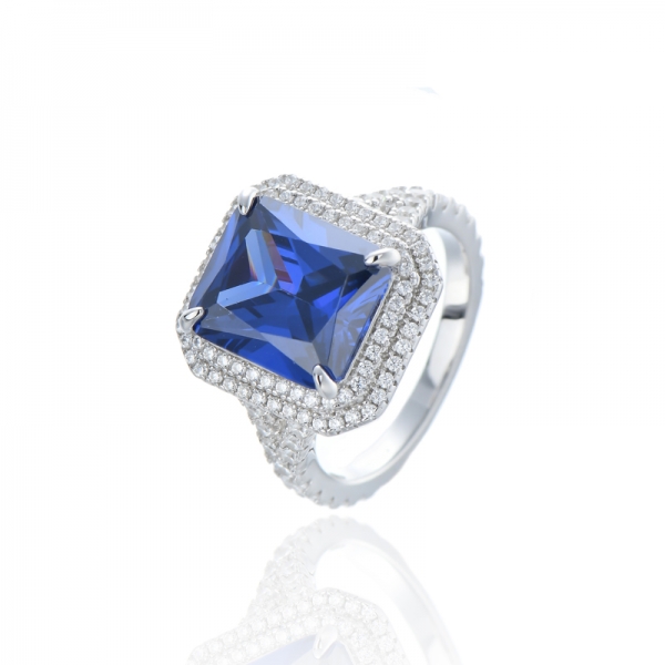 Octagon Tanzanite And Round White Cubic Zircon Rhodium Silver Ring 