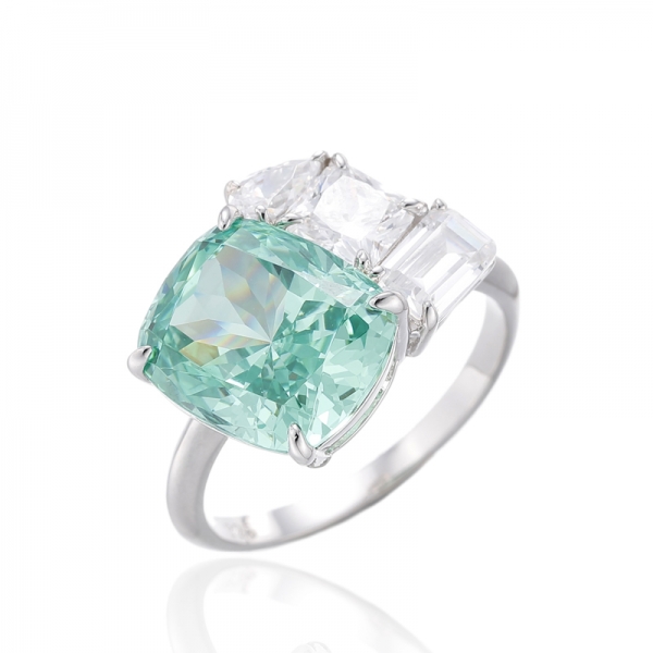 Kissen Paraiba und weißer kubischer Zirkon-Rhodium-Silberring 