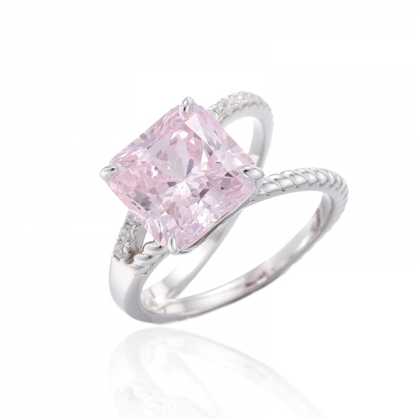 Achteckiger Diamant-Rosa- und runder weißer Kubikzircon-Rhodium-Silberring 