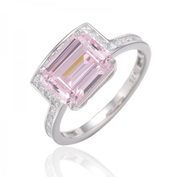 Emerald Diamond Pink And Square White Cubic Zircon Rhodium Silver Ring 