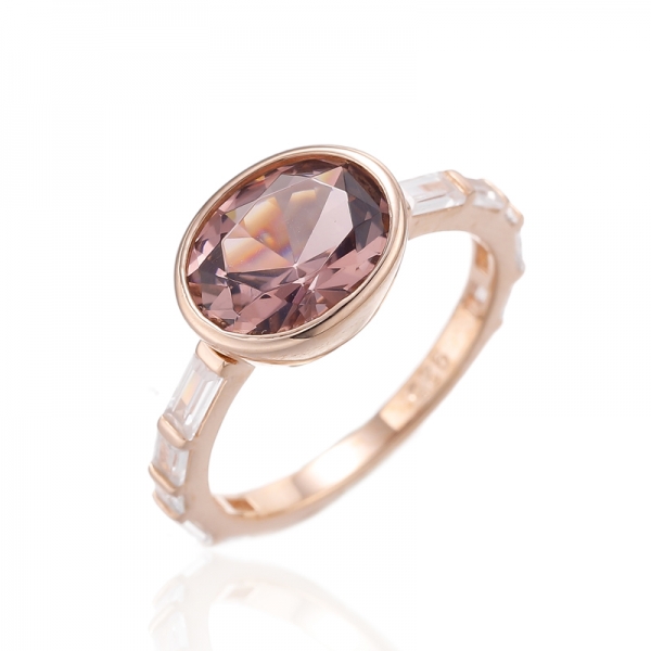 Oval Shape Morganite Nano And White Cubic Zircon Rhodium Silver Ring 