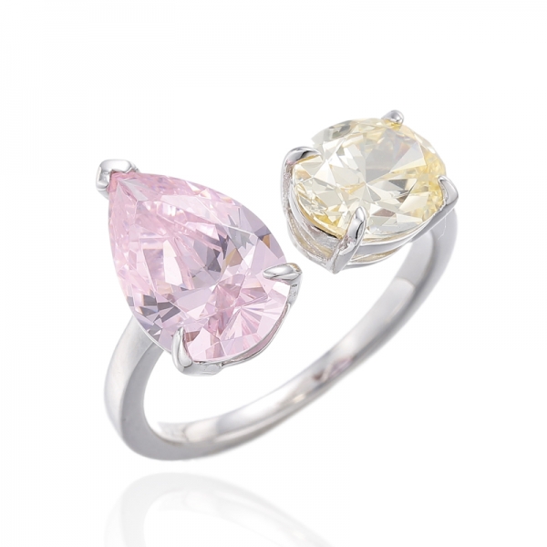 Offener Ring mit birnenförmigem Diamant in Rosa und ovalem Diamant in Gelb mit Kubikzircon und Rhodiumsilber 