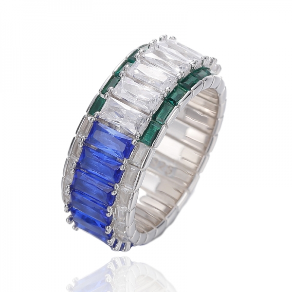 925er Baguette-Ring aus blauem Nano und grünem Nano mit weißem kubischem Zirkon und Rhodiumsilber 