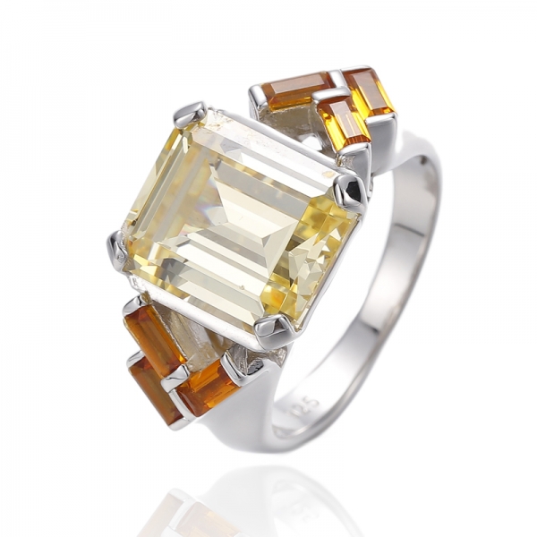 Smaragdförmiger, gelber Kubikzircon-Diamant und goldener Nano-Rhodium-Silberring 