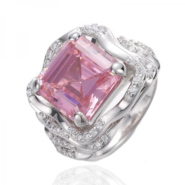 Asscher Diamant-Rosa- und runder weißer Kubikzircon-Rhodium-Silberring 