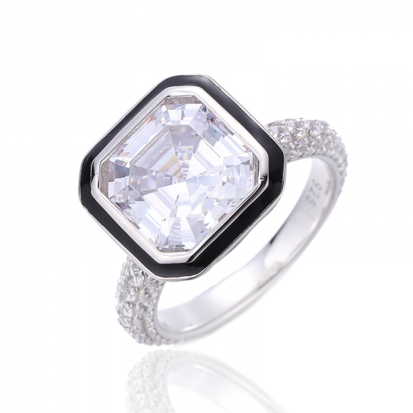 Asscher- und weißer Kubikzircon mit schwarzem Emaille-Rhodium-Silberring 