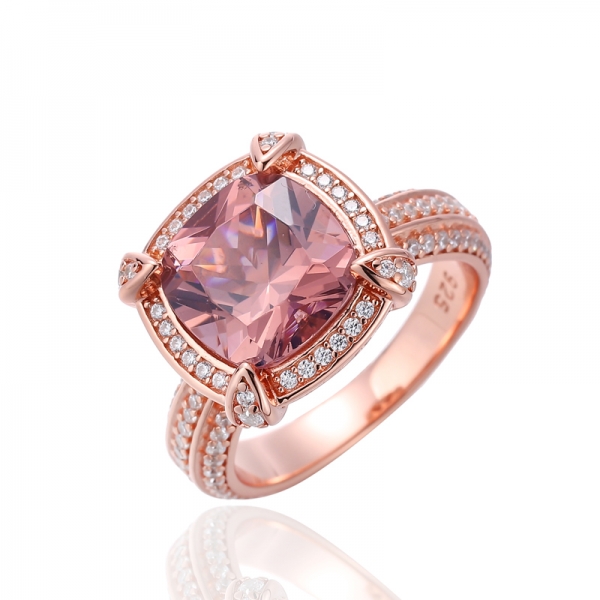 Cushion Morganite Nano und runder weißer Kubikzircon-Silberring mit Rosévergoldung 