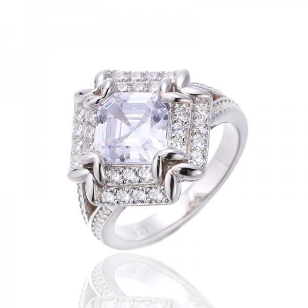 Asscher Pink And Round White Cubic Zircon Rhodium Silver Ring 