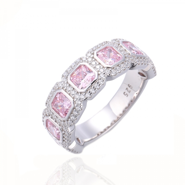 Ring aus Rhodium-Silber mit achteckigem Diamant in Rosa und rundem weißem Kubikzircon 