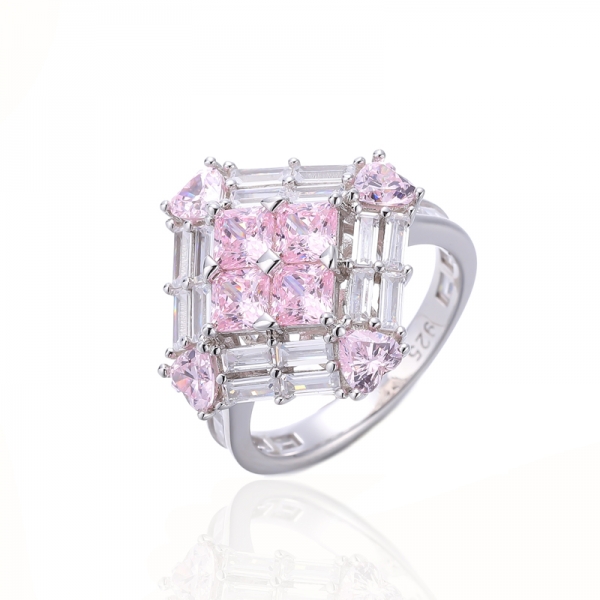 Ring aus Rhodium-Silber mit achteckigem Diamant in Rosa und Baguette-Weiß, Kubikzircon 