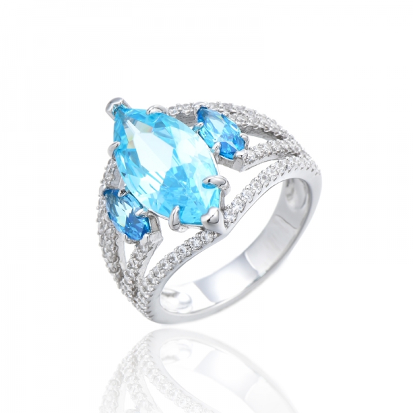 Marquise Aqua und runder weißer Kubikzircon-Rhodium-Silberring 