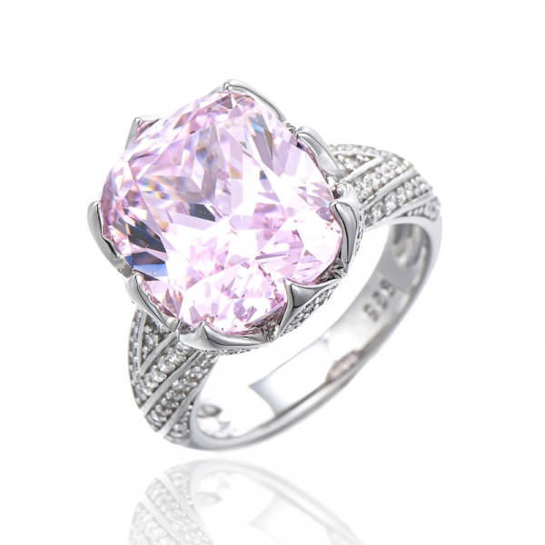 Kissendiamant-Rosa- und runder weißer Kubikzircon-Rhodium-Silberring 