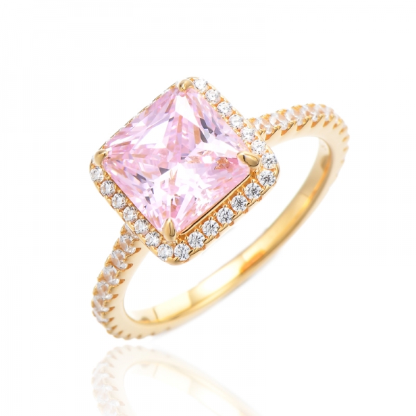 Achteckiger Diamant-Rosa- und runder weißer Kubikzircon-Silberring mit Vergoldung 