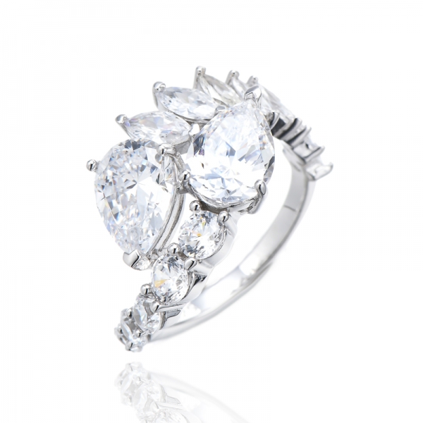 Birnenförmiger Diamant-Gelb- und Diamant-Rosa-Ring mit weißem Kubikzircon und Rhodium-Silberring 