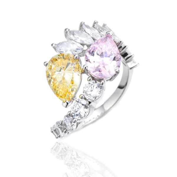 Birnenförmiger Diamant-Gelb- und Diamant-Rosa-Ring mit weißem Kubikzircon und Rhodium-Silberring 