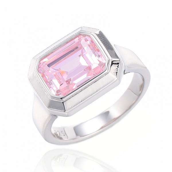 Smaragdförmiger Diamant-Rosa-Kubikzircon-Rhodium-Silberring 