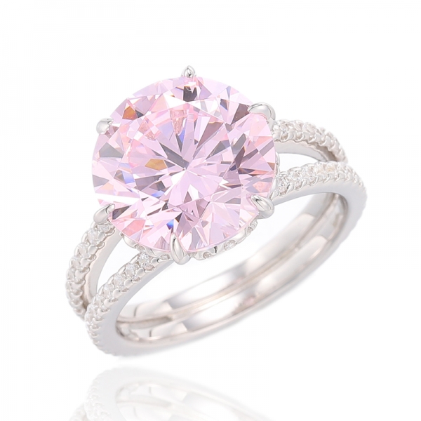 Runder, rosafarbener und weißer kubischer Zirkon-Rhodium-Silberring mit Diamanten 
