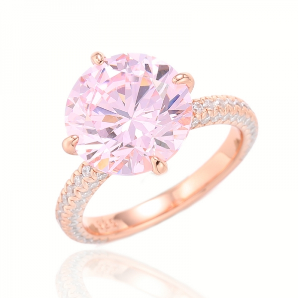 Runder, rosafarbener und weißer kubischer Zirkon-Diamant-Silberring mit Rosévergoldung 