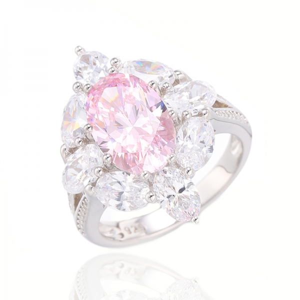 Ovaler, rosafarbener und runder, weißer Kubikzircon-Silberring mit Diamanten 