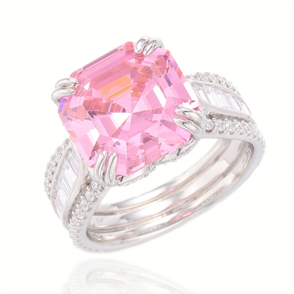 Asscher-Rosa- und Baguette-weißer Kubikzircon-Rhodium-Silberring 