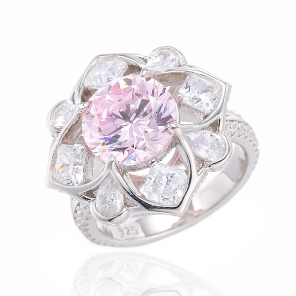 Ring aus Rhodium-Silber mit rundem rosafarbenem Diamant und achteckigem weißem Kubikzircon 