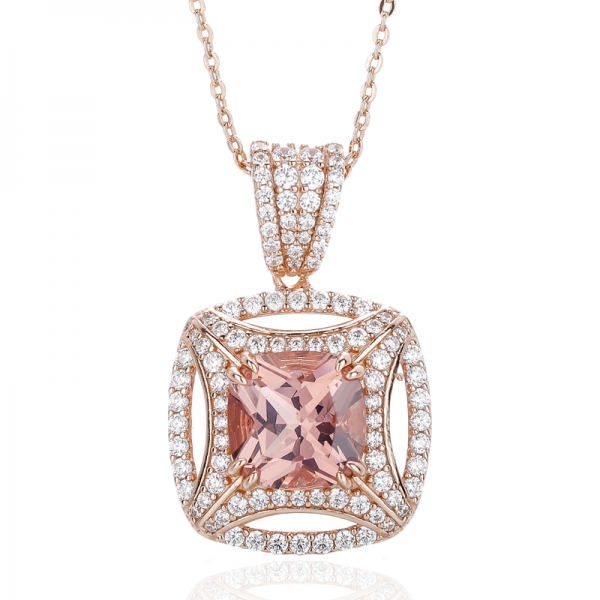 925 Cushion Morganite Nano und runder weißer Kubikzircon-Silberanhänger mit Roségoldbeschichtung 