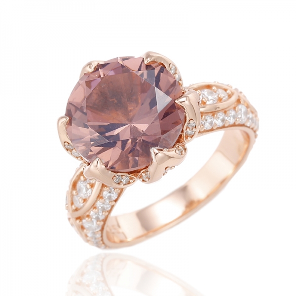 Ring aus rhodiniertem Silber mit rundem rosafarbenem und weißem Kubikzircon und Diamanten 
