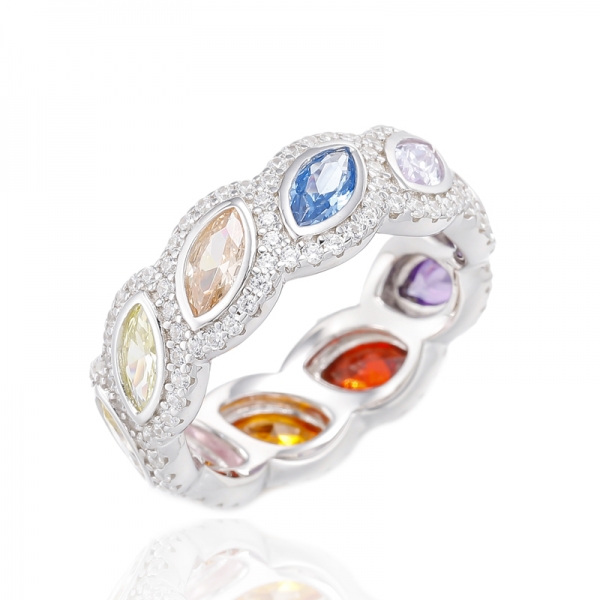 Mehrfarbiger Marquise-Eternity-Ring aus rhodiniertem, rundem, weißem Kubikzircon-Silber 