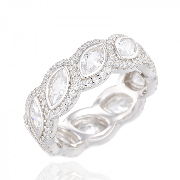 Mehrfarbiger Marquise-Eternity-Ring aus rhodiniertem, rundem, weißem Kubikzircon-Silber 