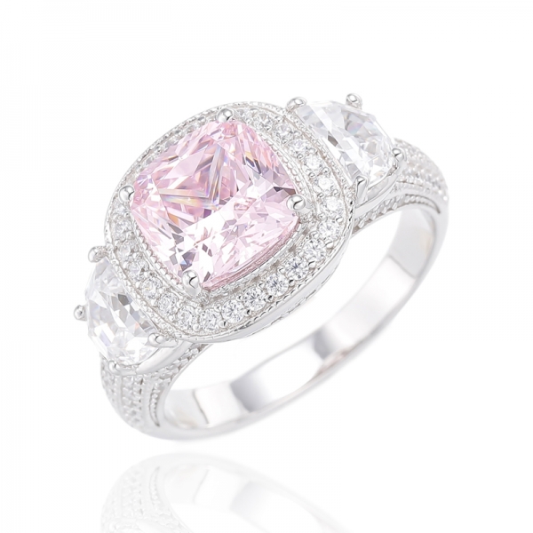 Rhodinierter Silberring mit rosa Diamanten in Kissenform und weißem Kubikzircon 