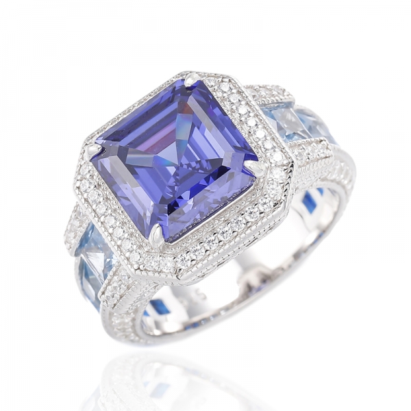 Asscher Tansanit-Zirkonia und quadratischer blauer Spinell-Ring aus rhodiniertem Silber 