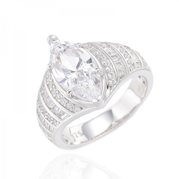 Marquise-Tansanit und Baguette-weißer Cubic Zirkonia Rhodium-Silberring 