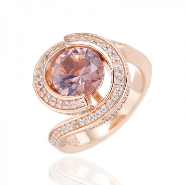 Runder Morganit-Nano- und weißer Cubic Zirkon-Silberring mit Roségold-Beschichtung 