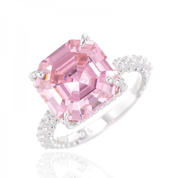 Asscher – Rhodinierter Silberring mit rosa und rundem weißen Zirkonia 