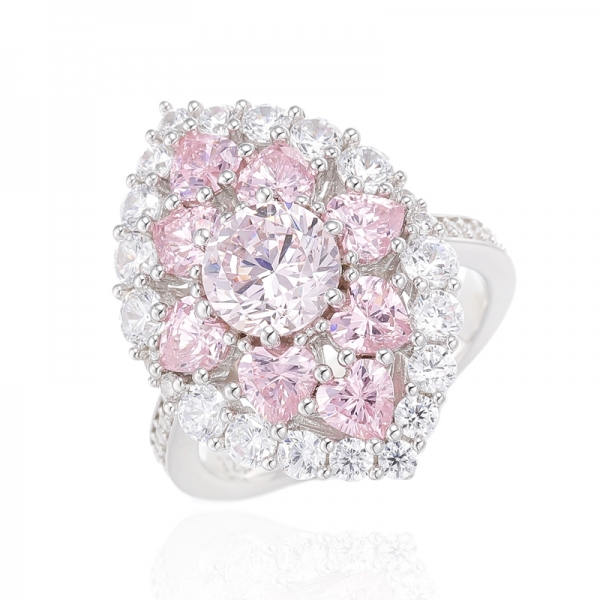 Ring aus rhodiniertem Silber mit rundem Diamanten in Rosa und herzförmigem rosa Zirkonia 