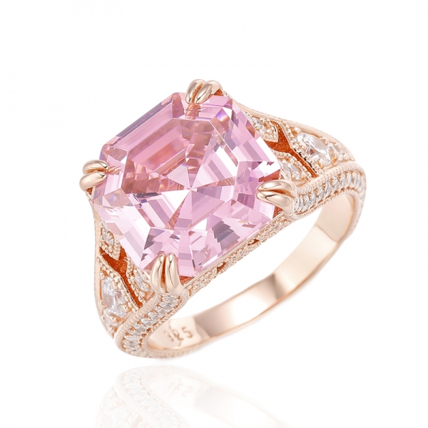 925 Asscher Silberring mit rosa und rundem weißen Zirkonia und Roségoldbeschichtung 