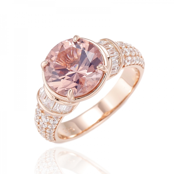 Runder Morganit-Nano- und Baguette-weißer Cubic Zirkon-Silberring mit Roségold-Beschichtung 