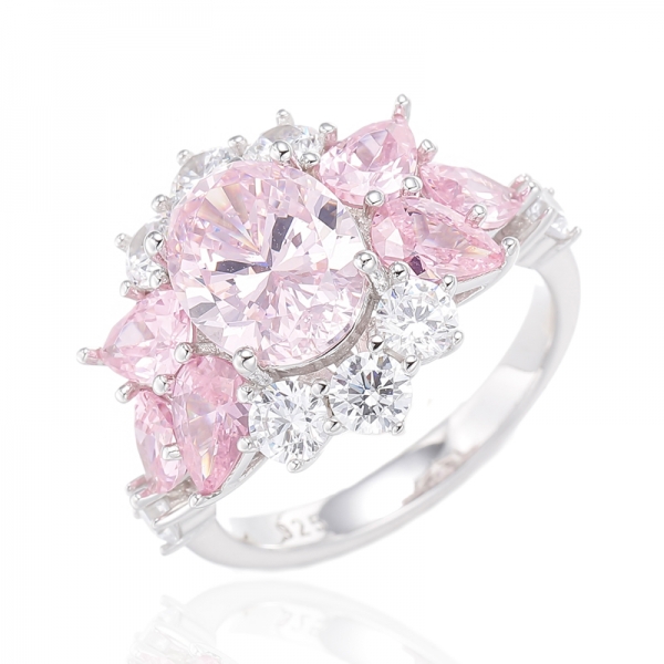 Ovaler Ring aus rosa Diamanten und birnenförmiger rosa Zirkonia in Rhodiumbeschichtung 