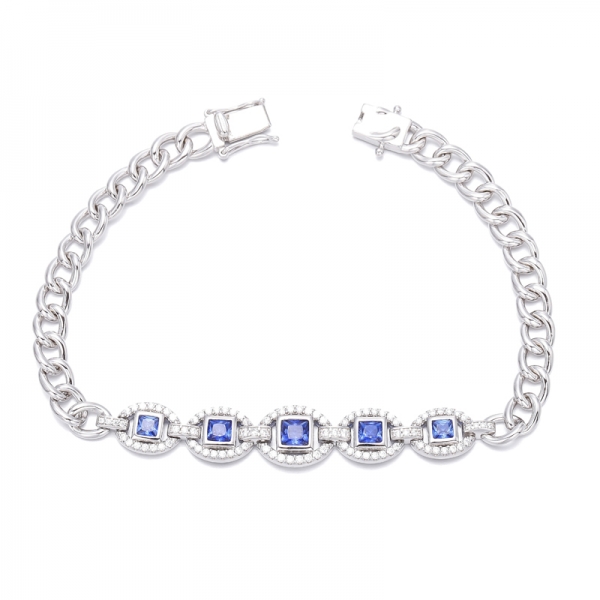 Quadratisches blaues Nano- und rundes weißes Zirkonia-Rhodiniertes Silberarmband 