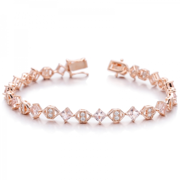 Achteckiges Morganit-Nano-Silberarmband mit rundem weißen Zirkonia und Roségold-Beschichtung 