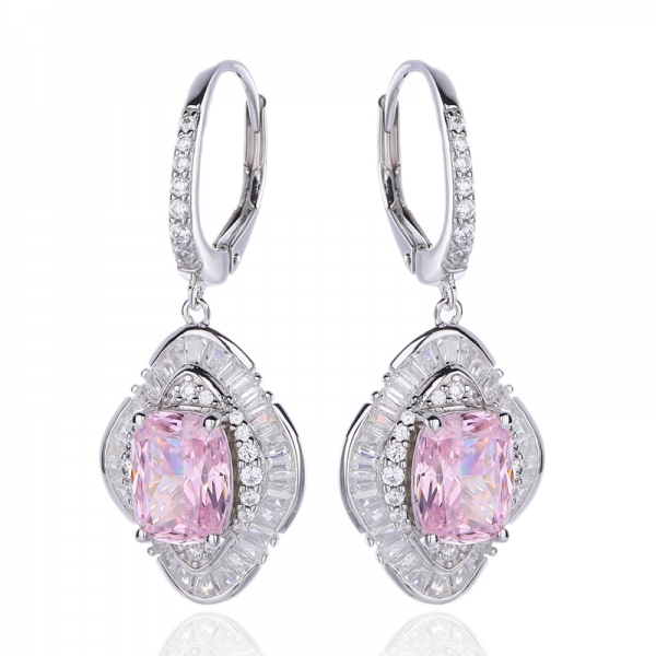 Ohrring mit rosa Diamanten und weißem Baguette-Kubus-Zirkon in Rhodium-Silber 